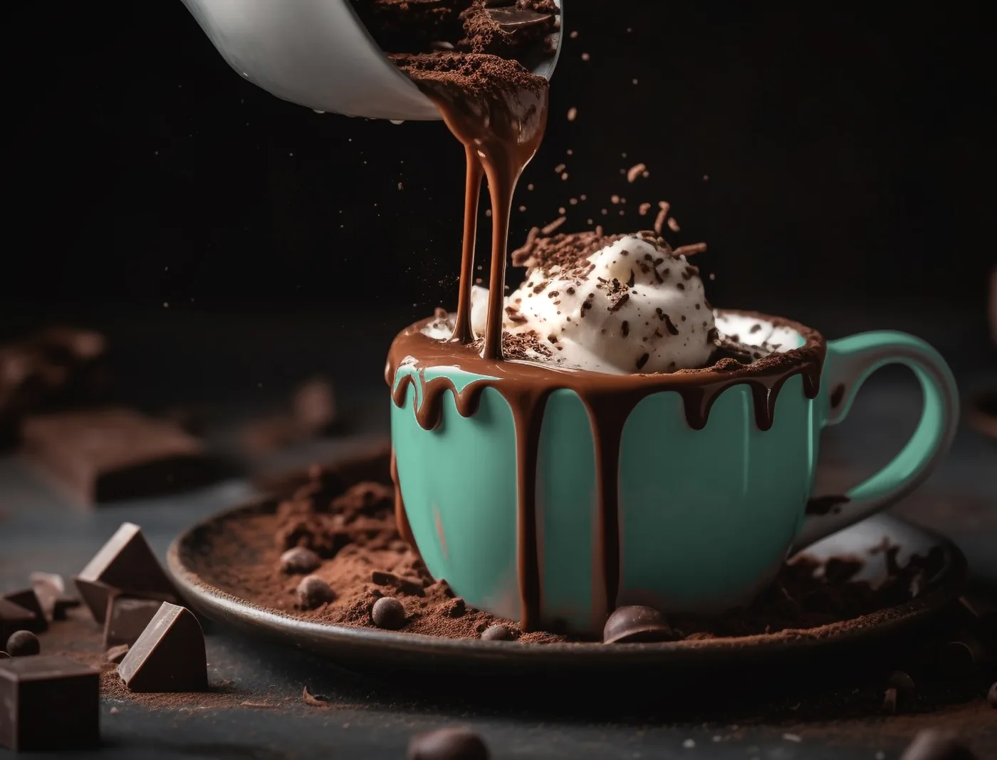 Hot chocolate poured over whipped cream in our mint cup