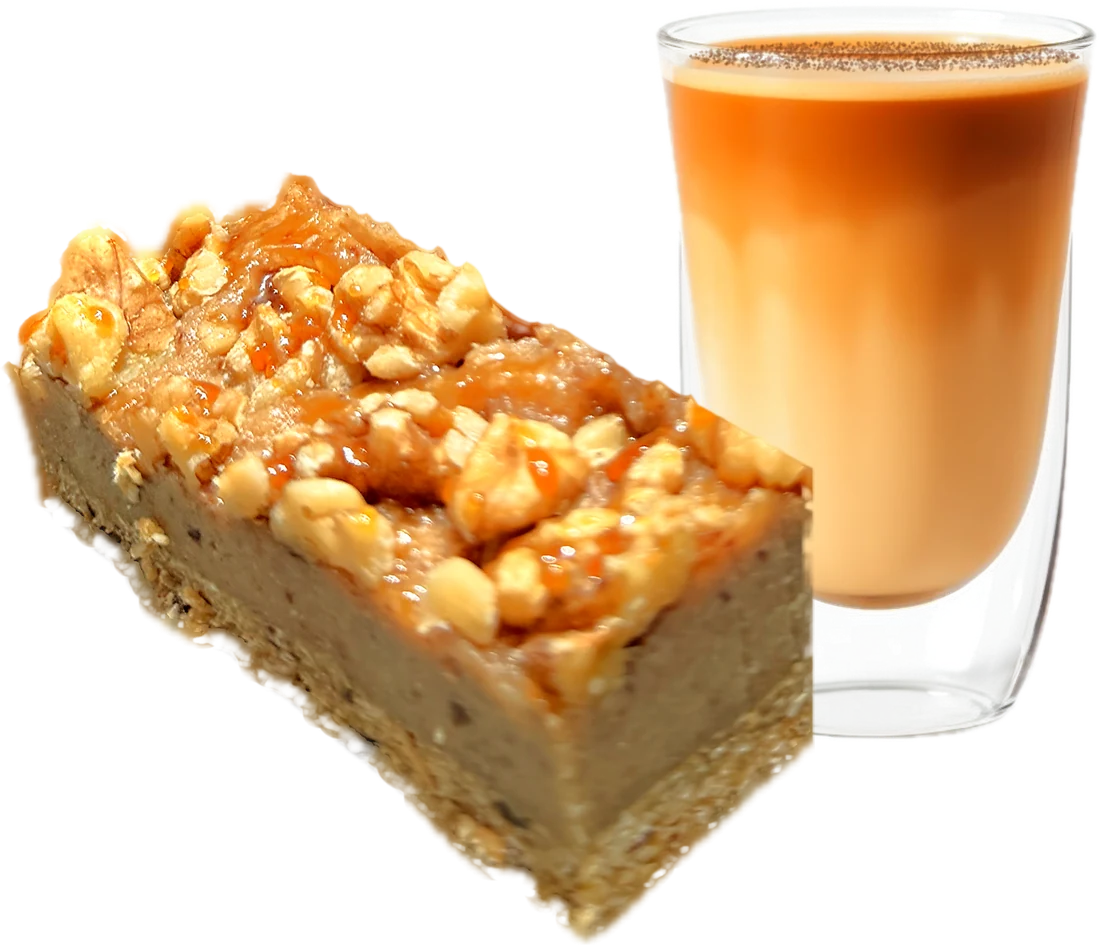 One walnut caramel bar, with a pumpkin spice latte behind it